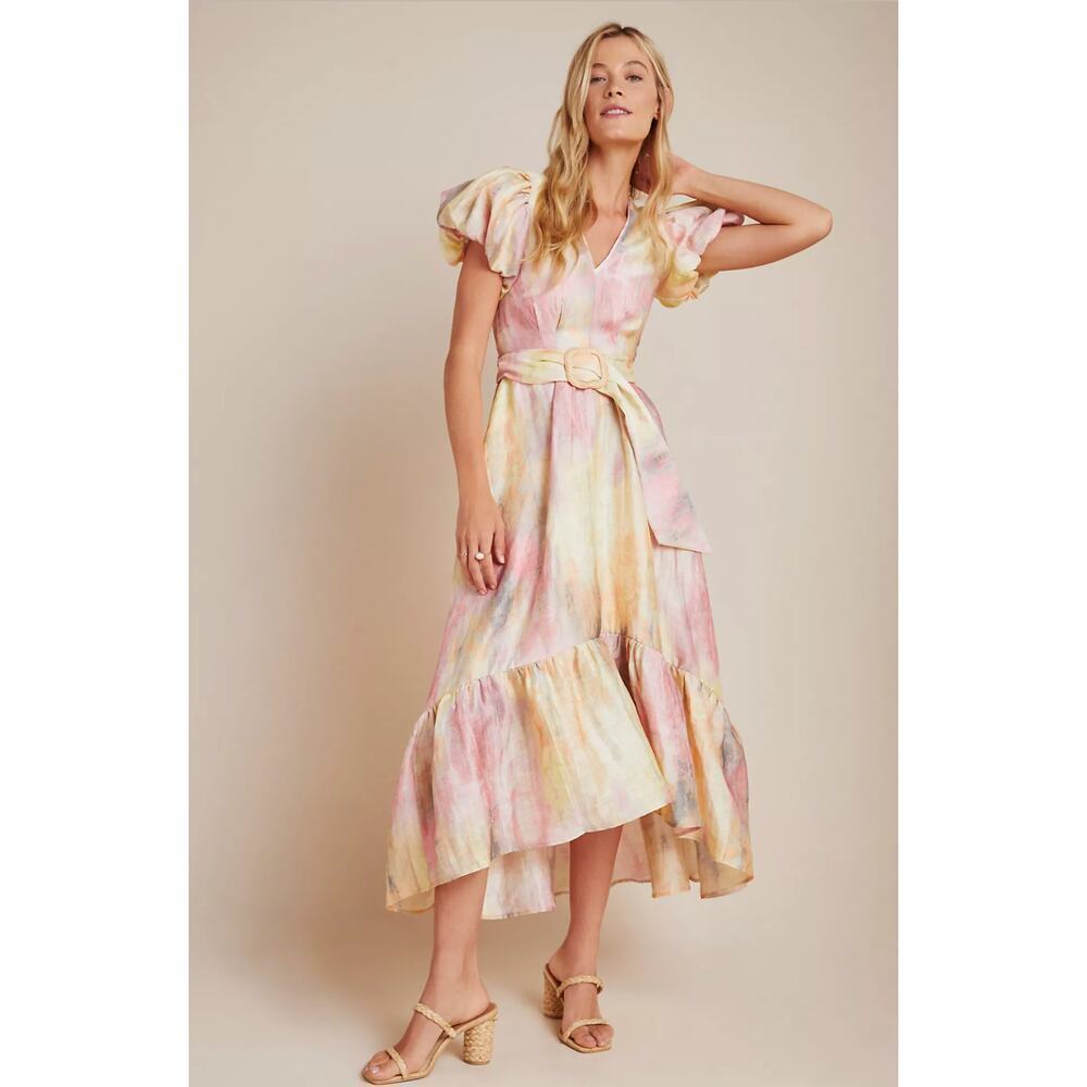 B51 Hunter Bell Sunset Ruffled Midi Dress 0‎ Linen Belted Puff Sleeve Flowy
